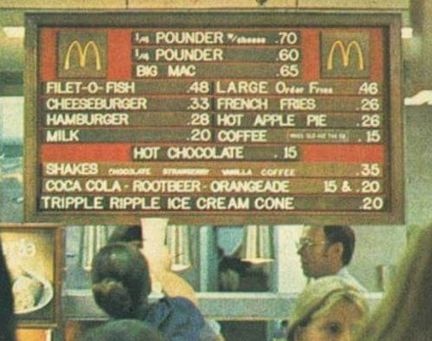 mcdonald's 1972 - Pounder 70 14 Pounder 60 M Big Mac .65 FiletOFish 48 Large Order Fries 46 Cheeseburger 33 French Fries .26 Hamburger Milk 28 Hot Apple Pie 20 Coffee .26 15 Hot Chocolate 15 Shakes Date Stray Willa Coffee Coffee Coca ColaRootbeerOrangeade